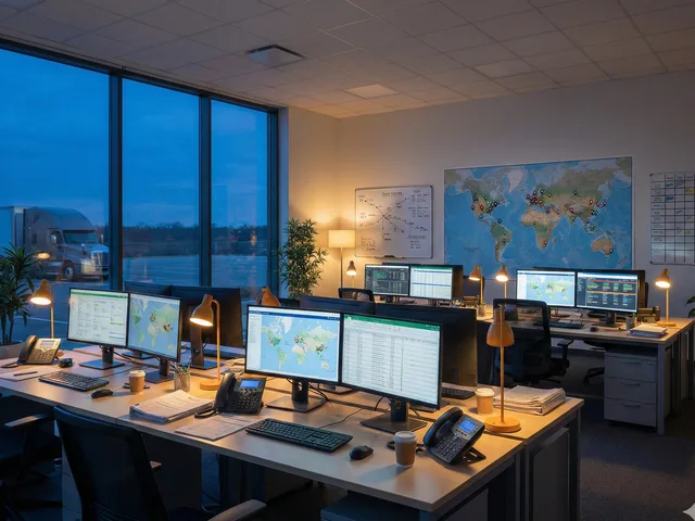 Freight forwarding dispatch office with dual monitors, logistics dashboards, and world map at the RTSI operations centre