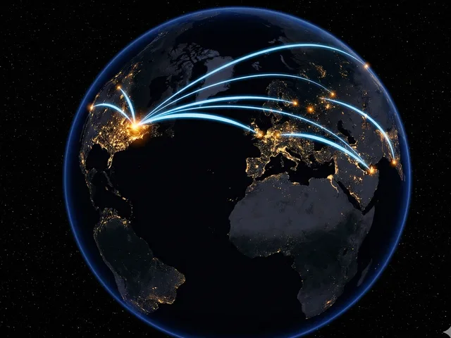 Globe at night showing air freight routes from Toronto to London, Frankfurt, Dubai, Mumbai, Hong Kong, Shanghai, and Los Angeles