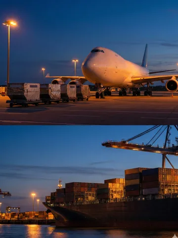 Comparison of air freight and ocean freight showing cargo aircraft on tarmac above and container ship at port below
