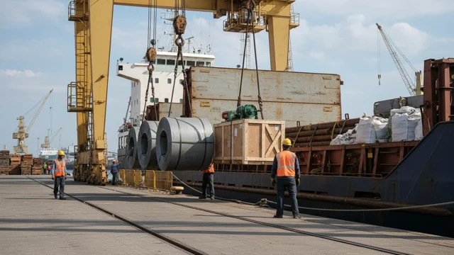 Port crane lifting heavy steel coils and crated cargo aboard a break bulk vessel