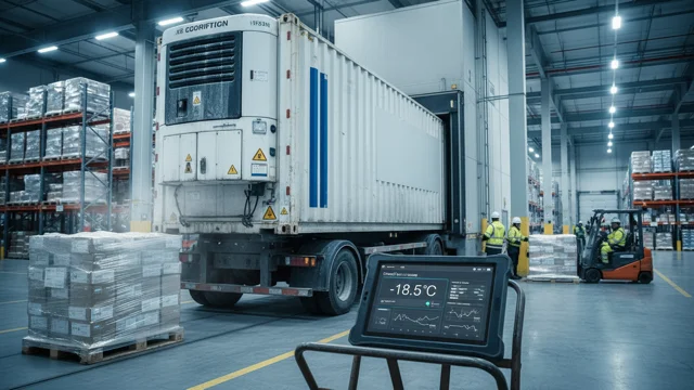 Reefer trailer at warehouse dock with live temperature monitoring panel showing controlled cold chain conditions