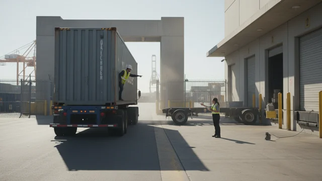 Container handoff at a terminal gate before warehouse delivery for cross-border fulfilment workflows