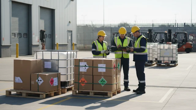 Hazmat-labeled pallets staged for dangerous goods verification before transport release