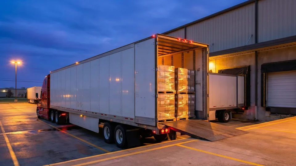 Full truckload semi-truck backed into warehouse dock with palletized freight visible inside the open trailer