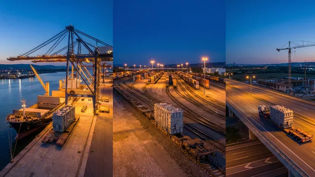 Multi-modal project cargo journey: port crane loading onto vessel, intermodal rail yard with containers on flatcars, and oversized load on highway approaching construction site at dusk