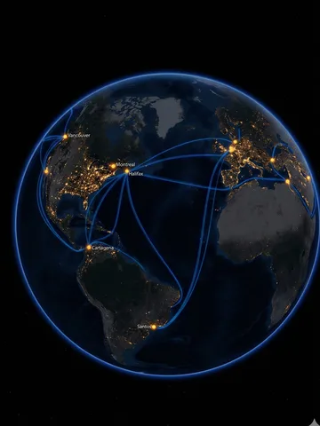 Globe at night showing ocean shipping routes from Montreal, Halifax, and Vancouver to Europe, Asia, and South America