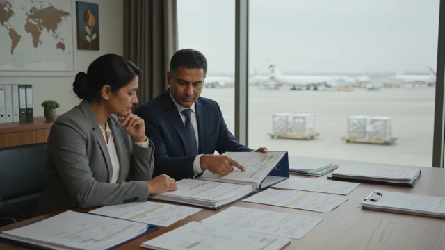Quiet coordination meeting reviewing repatriation documentation with airport cargo apron in view