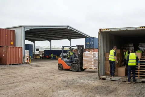 Warehouse crew unloading cartons from a shipping container for LCL consolidation and onward delivery
