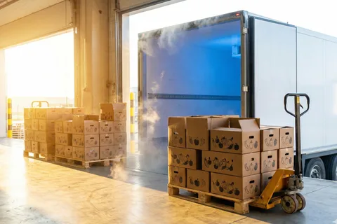 Packaged food pallets handled in a controlled warehouse environment for temperature-sensitive distribution