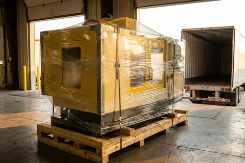 Manufacturing equipment staged in a warehouse for crating and heavy transport preparation