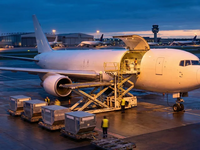 Air cargo being loaded into aircraft belly hold at dusk, dangerous goods shipments follow strict airline acceptance protocols