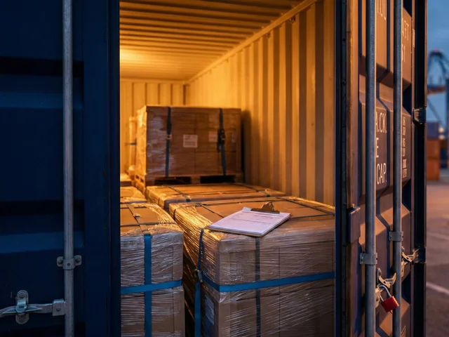 Open shipping container with palletized freight being unloaded at warehouse dock