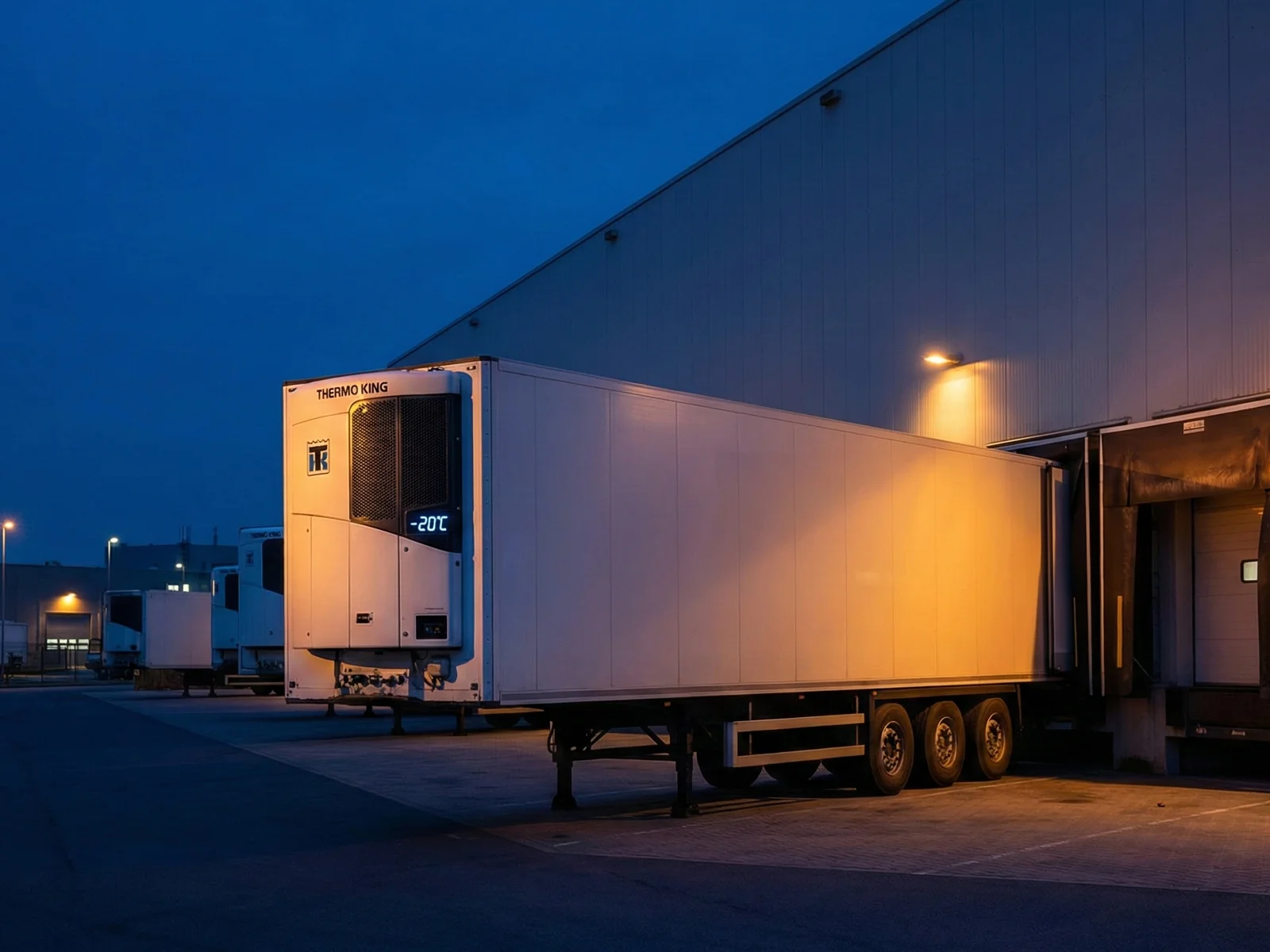 Refrigerated trailer at cold storage dock showing temperature display for cold chain logistics
