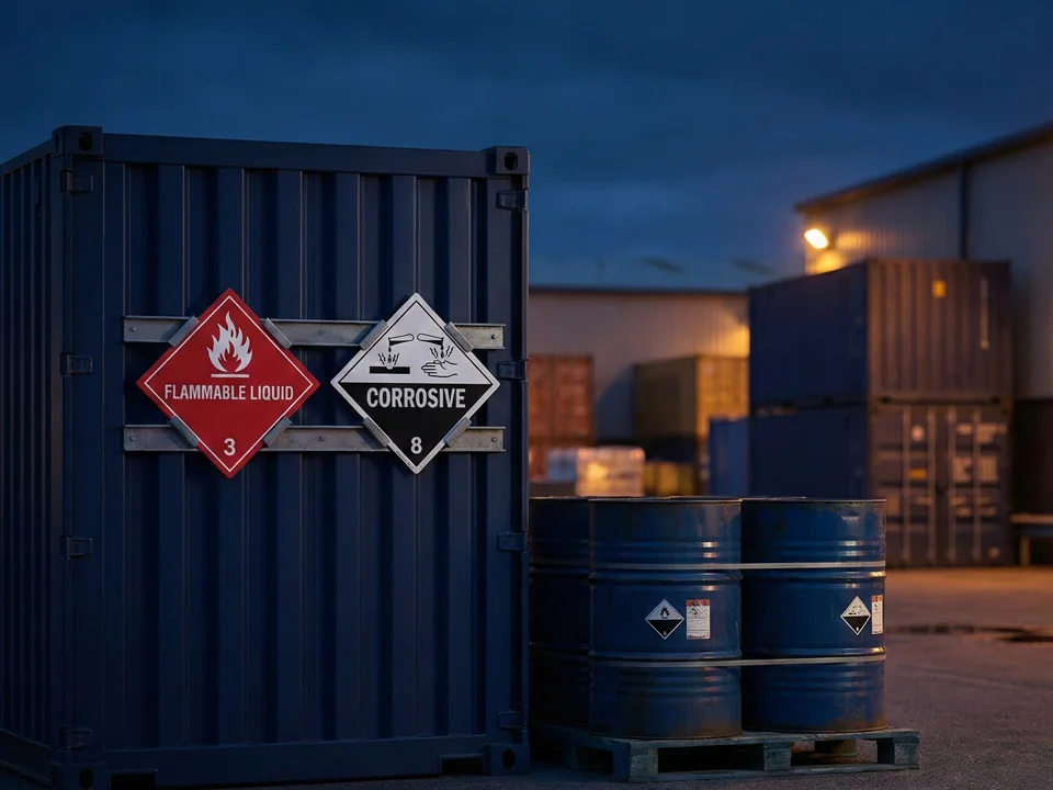 Dangerous goods container with hazard diamond placards at freight yard