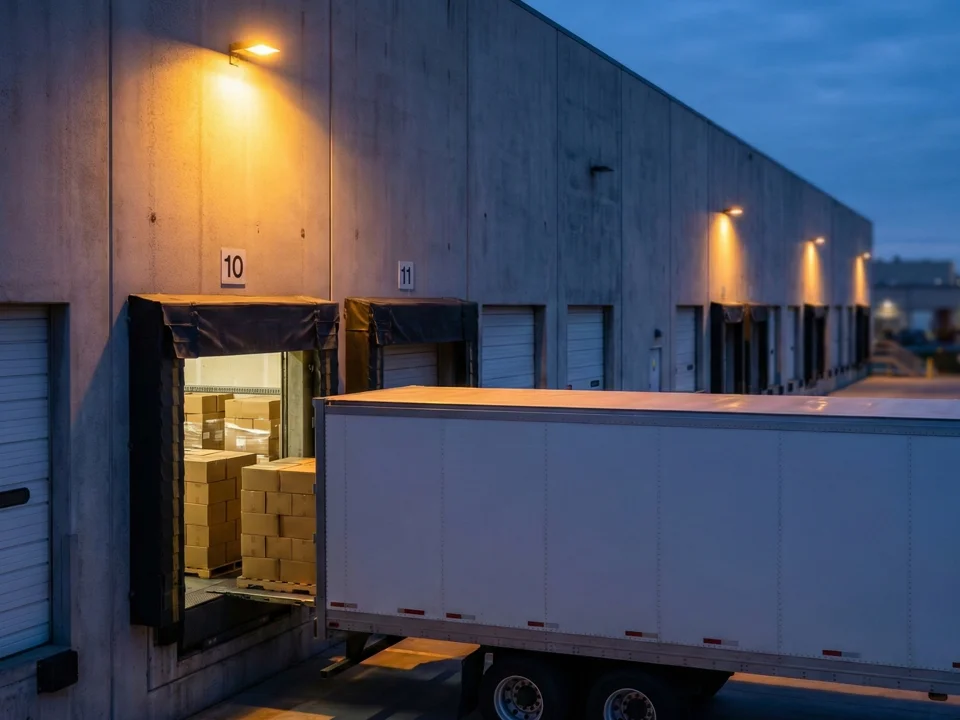 Warehouse dock with trailer backed in and brown cartons being loaded, LTL shipments share trailer space between multiple shippers