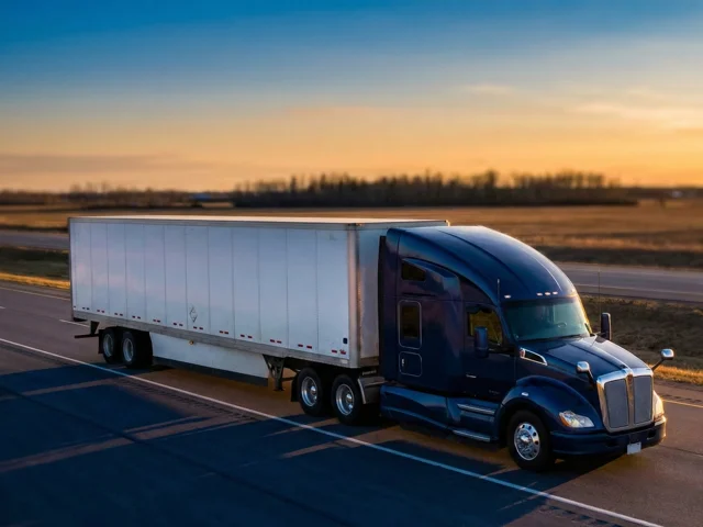 Semi truck on open highway at dusk, TDG-placarded ground shipments require certified carriers and pre-filed documentation