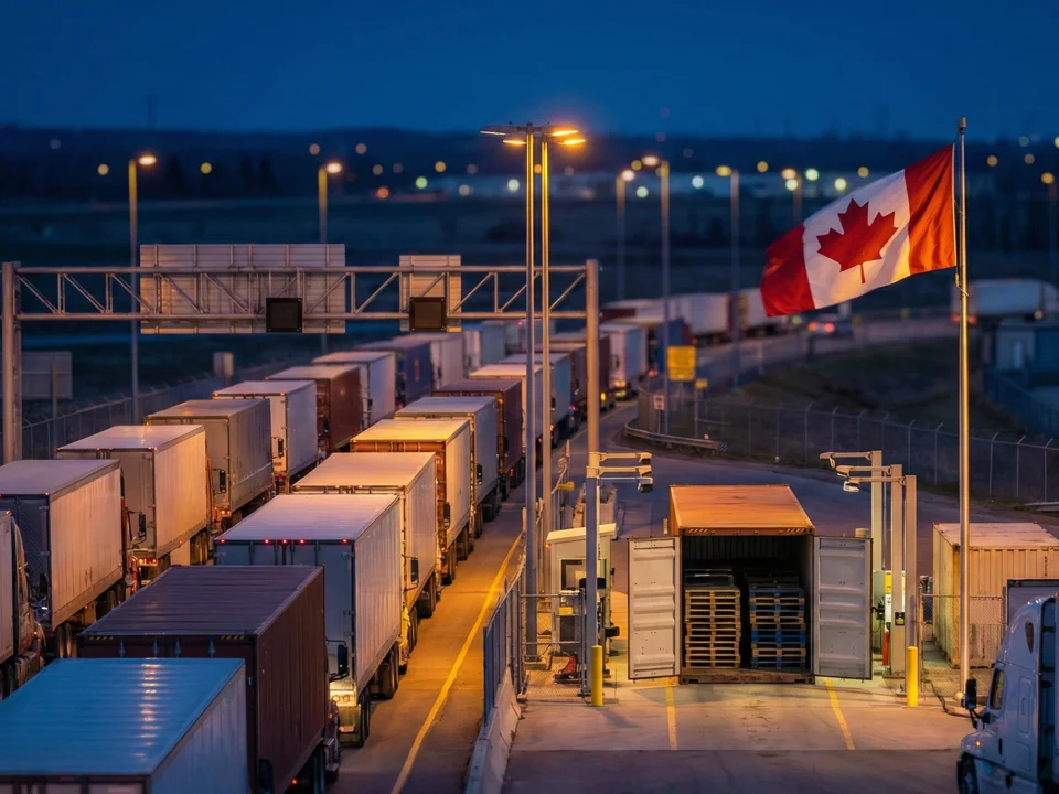 Freight trucks at Canada-US border crossing with Canadian flag for non-resident importer services