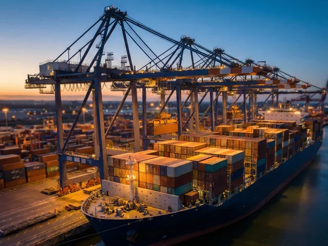 Container ship at port with gantry cranes, IMDG-classed dangerous goods require specific stowage and segregation
